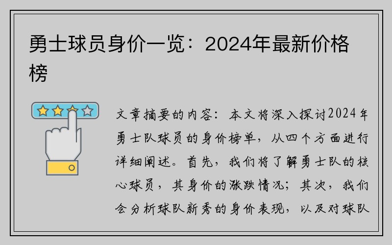 勇士球员身价一览：2024年最新价格榜